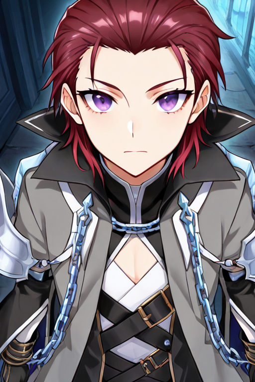 absurdres, highres, masterpiece, best quality, amazing quality, official anime artwork, screencap, anime screencap, 
<lora:WARLOCK_RO:0.7> rwarlocko, coat, 1boy, male focus, solo, white strips ornament, pants, short hair, chain, bangs, gloves, grey coat, white shirt, shirt, black gloves, upper body, 
dutch angle, 
(dark red hair,medium hair,:1.1) (hair slicked back,:1.2)
(dark purple eyes,:1.2) <lora:eye_focus:0.65> eye_focus, eye focus, close-up, looking at viewer, eyelashes, reflection,