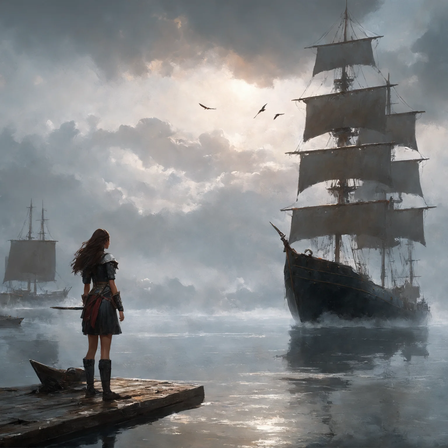 masterpiece, best quality, greg rutkowski,
scenery, water, standing, fog, from behind, solo, outdoors, watercraft, long hair, cloud, cloudy sky, 1girl, weapon, wide shot, sky, ship, bird
, very detailed, high resolution, sharp, sharp image, 4k, 8k,