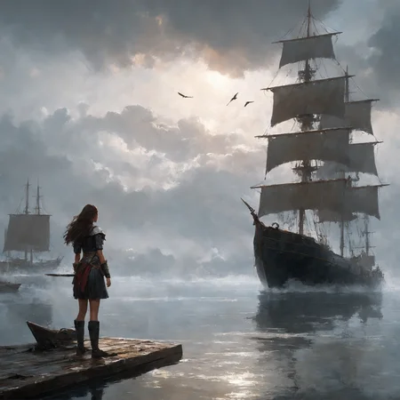 masterpiece, best quality, greg rutkowski,
scenery, water, standing, fog, from behind, solo, outdoors, watercraft, long hair, cloud, cloudy sky, 1girl, weapon, wide shot, sky, ship, bird
, very detailed, high resolution, sharp, sharp image, 4k, 8k,