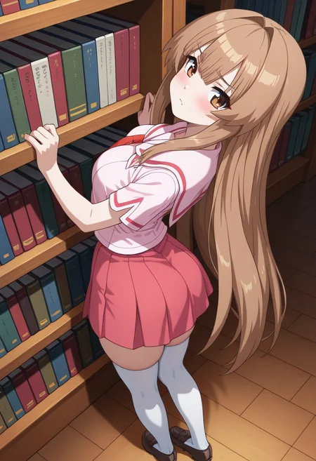 masterpiece, best quality, amazing quality, 1girl, solo, sunww, brown eyes, brown hair, long hair, very long hair, bangs, school uniform, pink serafuku, pink sailor collar, pink shirt, short sleeves, red pleated skirt, zettai ryouiki, white thighhighs, loafers, <lora:Seto_Sun_Seto_no_Hanayome_ill_v10:0.9>, from behind, high angle, medium shot, standing, legs close together, arched back, (pressed against bookshelf, breasts squished:1.3), looking back, over shoulder glance, blush, hands on bookshelf, indoors, librarian, bookshelf, wooden floor, skindentation, detailed clothing folds, depth of field, sharp, high contrast, dynamic light