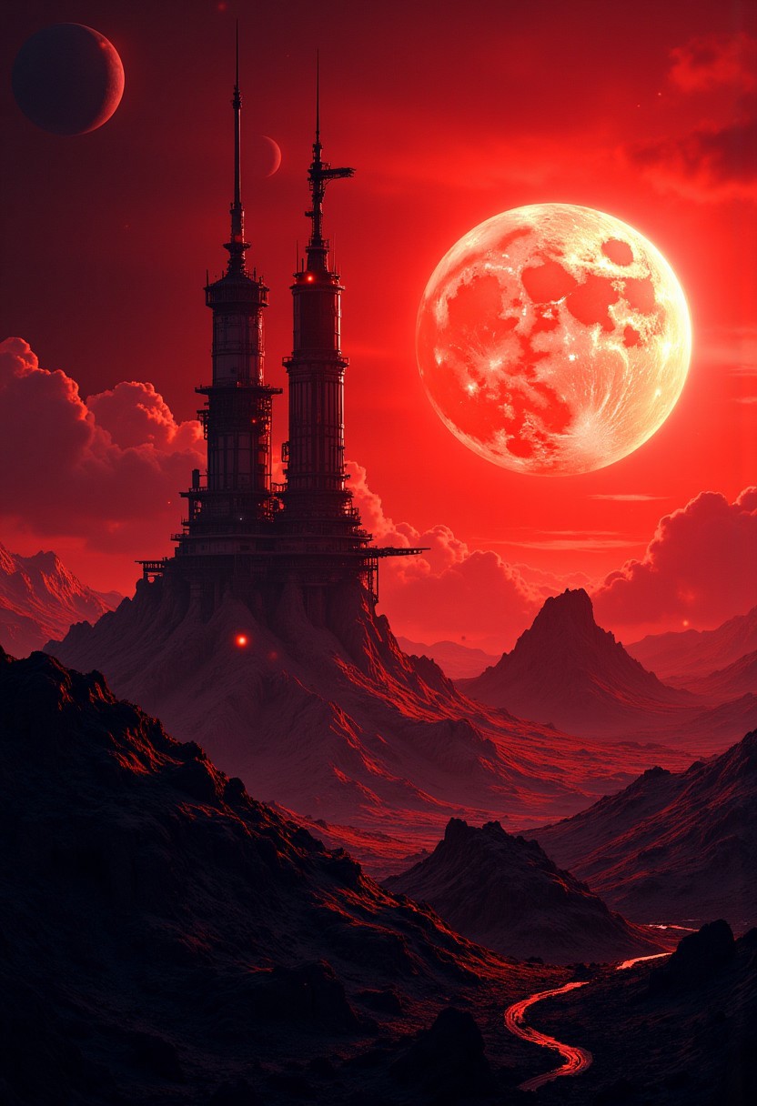 masterpiece, high detail, masterpiece, space station orbiting an alien planet, silhouetted by giant dull red sun, great lighting, highest definition, HD32K, wallpaper, hyperdetailed, mythp0rt, photorealistic