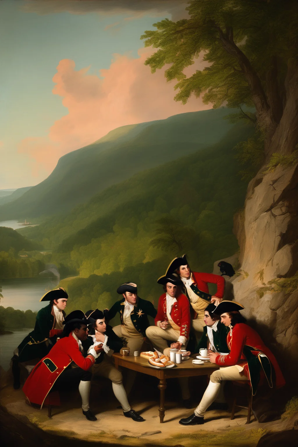 John Singleton Copley Style - a John Trumbull painting of the morning after of the Green Mountain Boys capture of Fort Ticonderoga, where they are relaxing with coffee and donuts from Dunkin