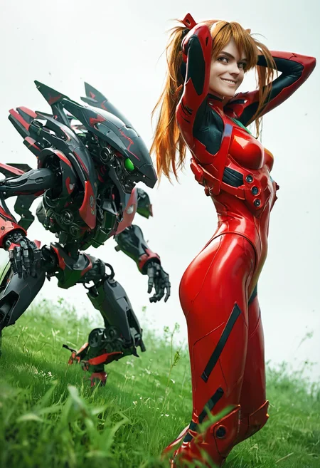 (Asuka Langley Souryuu), green grass, red plugsuit, light smile, hands behind the head, from side, dutch angle,
mecha in background, .score_9, score_8_up, score_7_up,
