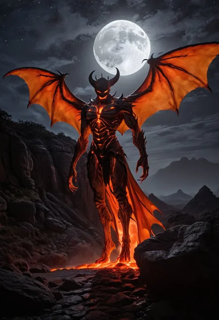 karl kopinski, detailed expressive eyes, fantasy style, the mysterious roaring hobwad is a palciated demon monster with clawed toes standing well balanced on a flat stone in a hell landscape, shown here with its giant keneytoring orange bioluminescent symmetric bat wings with fractal tips and claws, wings glistening in the moonlight as it horgubles, with large sharp teeth, with glowing hot molten lava flowing on the ground around rocks, lava reflecting off rocks, very large white moon in black sky, colorful, whimsical, style by nty, dark, low-key, chiaroscuro