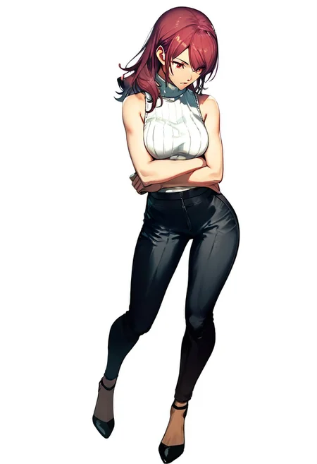 score_9, score_8_up, score_7_up, ultra-detailed, good lighting
(((1 girl))), solo female, full body view
full view, facing camera,
red eyes, strong expression, posing,
standing, arms crossed under breasts,. one leg extended to the side
(white background) p3mitsuru-sumcas, turtleneck, sleeveless turtleneck, sleeveless, ribbed turtleneck, bare shoulders, pants, black pants, capri pants, casual, high heels