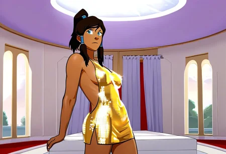 (masterpiece), (best Quality), score_9, score_8_up, score_7_up, score_6_up, score_5_up, score_4_up, cowboy shot, masterpiece, best quality, 1girl, solo focus, korraXL, brown hair, blue eyes, dark-skinned,  disco dress, microdress, clrs, indoors,