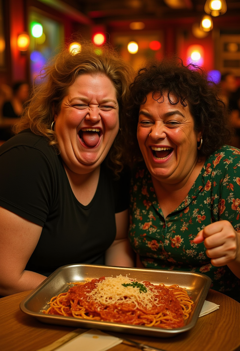 two women sitting at a table with a tray of spaghetti in front of them. They are both laughing and appear to be having a great time. In the background, there are a few people and some lights, creating a festive atmosphere.