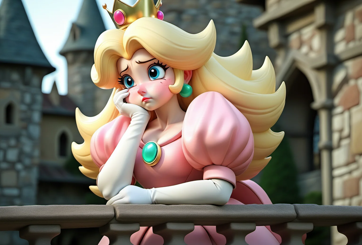 (princess peach), Medieval, Castle Balcony, Waiting, Sad, Royalty, Kingdom, Noble, Crown, Gown, Regal, Elegance, Despondent, Emotion, Melancholy, Lonely, Tragic, Wistful, Longing, Solitude, Damsel in Distress, Fortressed, Historic, Architecture, Renaissance, Turret, Sunset, Dusk, Dignified, Sovereign, Enchanting, Lamenting, Royalty, Court, Courtly, Pensive, Majestic, Noblewoman, Stone Walls, Moat, Tower, Tapestry, Troubled, Heartache.  <lora:SamaritanEsdxl:0.7>