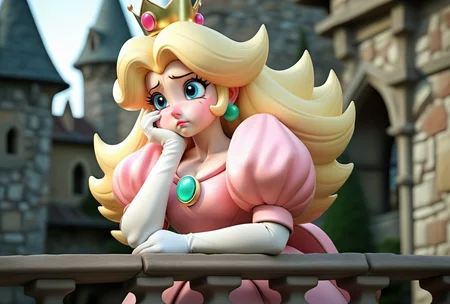 (princess peach), Medieval, Castle Balcony, Waiting, Sad, Royalty, Kingdom, Noble, Crown, Gown, Regal, Elegance, Despondent, Emotion, Melancholy, Lonely, Tragic, Wistful, Longing, Solitude, Damsel in Distress, Fortressed, Historic, Architecture, Renaissance, Turret, Sunset, Dusk, Dignified, Sovereign, Enchanting, Lamenting, Royalty, Court, Courtly, Pensive, Majestic, Noblewoman, Stone Walls, Moat, Tower, Tapestry, Troubled, Heartache.  <lora:SamaritanEsdxl:0.7>