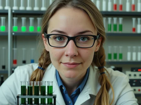 webcam footage of closeup of nerdy researcher woman with test tubes, wall of electronic test equipment in the background, research lab
