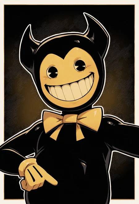 <lora:ollie_Illustrious_Mlaofmd-10:1.0>, masterpiece, best quality, newest, absurdres, highres, perfect anatomy, 1boy, ollie, bendy the dancing demon, black skin, 2 horns, black eyes, smile, grin, bow tie, gloves, (upper body), halftone effect, white borders, abstract background:1.2, looking at viewer,