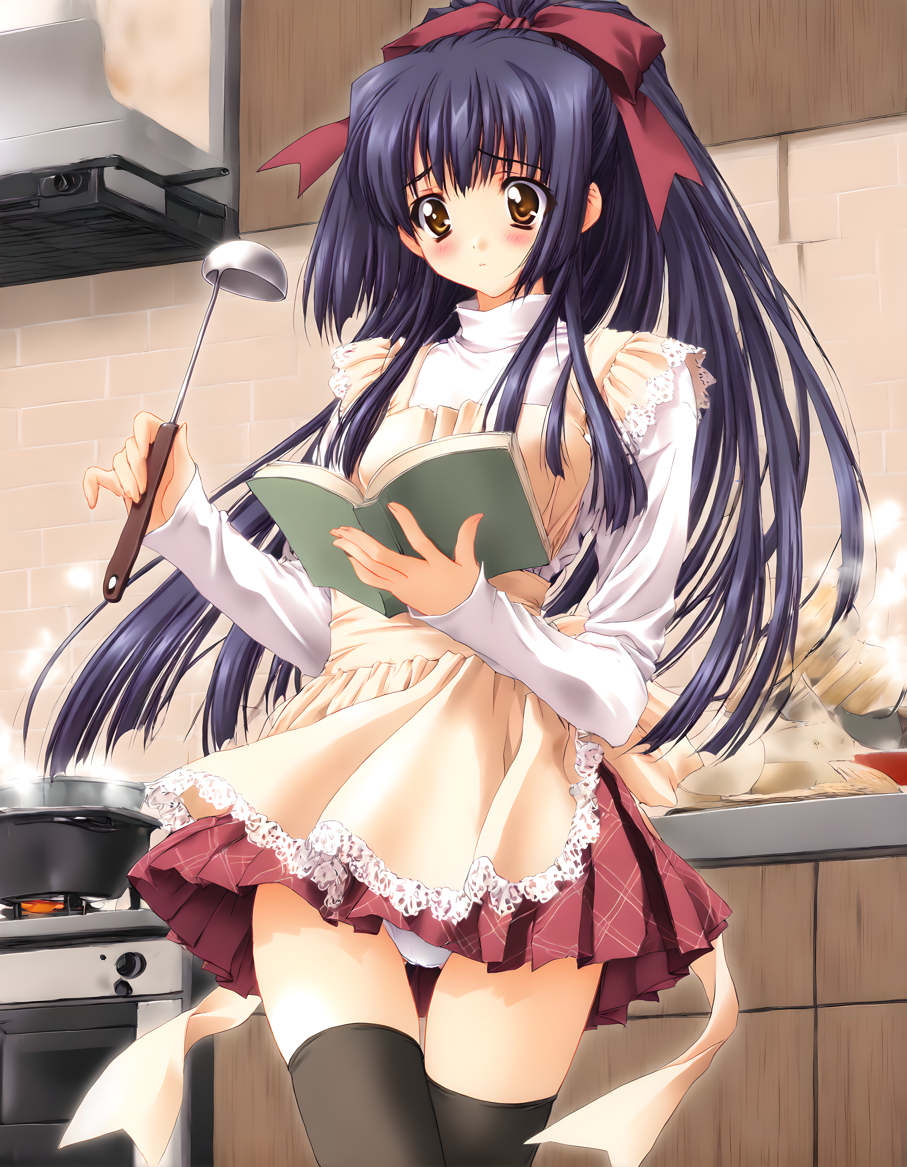 <lora:illustrious_XL_suzuna:0.9>,suzuna,masterpiece,best quality,good quality,1girl,solo,high ponytail,shirt,long sleeves,apron,lace,underwear,red skirt,miniskirt,pleated skirt,plaid skirt,black thighhighs,thigh gap,cooking,holding,open book,ladle,reading,standing,blush,