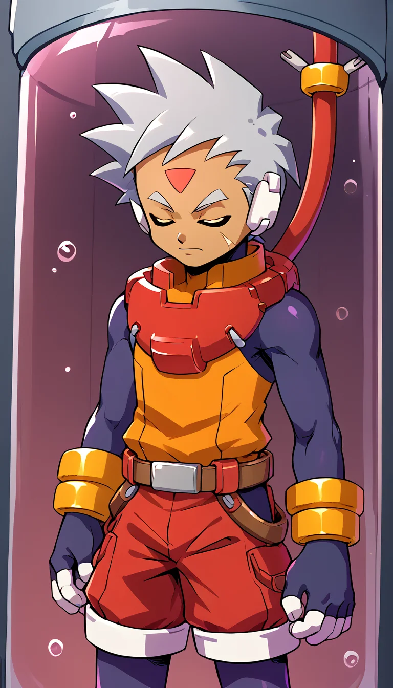 score_9,score_8_up,. score_7_up,score_6_up,score_5_up,score_4_up,source_anime BREAK <lora:vent_Grey>,grey \(mega man\),solo,closed eyes,1boy,male focus,gloves,shorts,(cowboy shot:0.9),red shorts,grey hair,bodysuit,dark skin,forehead jewel,belt,(cable:0.9),robot ears,facial mark,fingerless gloves,bracelet,pantyhose under shorts,(pantyhose:0.6),dark-skinned male,shirt,orange shirt,<lora:Stasis Tank v6:0.9> BREAK (stasis tank:1.1),(floating:1.2),air bubble,in container,(hanging:1.2),