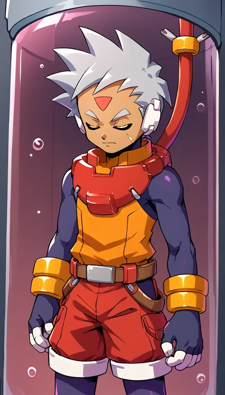 score_9,score_8_up,. score_7_up,score_6_up,score_5_up,score_4_up,source_anime BREAK <lora:vent_Grey>,grey \(mega man\),solo,closed eyes,1boy,male focus,gloves,shorts,(cowboy shot:0.9),red shorts,grey hair,bodysuit,dark skin,forehead jewel,belt,(cable:0.9),robot ears,facial mark,fingerless gloves,bracelet,pantyhose under shorts,(pantyhose:0.6),dark-skinned male,shirt,orange shirt,<lora:Stasis Tank v6:0.9> BREAK (stasis tank:1.1),(floating:1.2),air bubble,in container,(hanging:1.2),