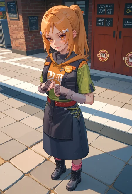 score_9, score_7_up, source_anime, solo, BREAK <lora:AEHeddy:0.85> AEHeddy, orange eyes, orange hair, long hair, ponytail, sidelocks, facial mark, heart facial mark, hair bow, hair tie, hair clip, blue bow, white bow, hoodie, black skirt, black vest, green shirt, short sleeves, black gloves, fingerless gloves, grey gloves, apron, badge, red belt, long skirt, pink socks, black footwear, boots,
(full body:1.2), smile, clenched hands,