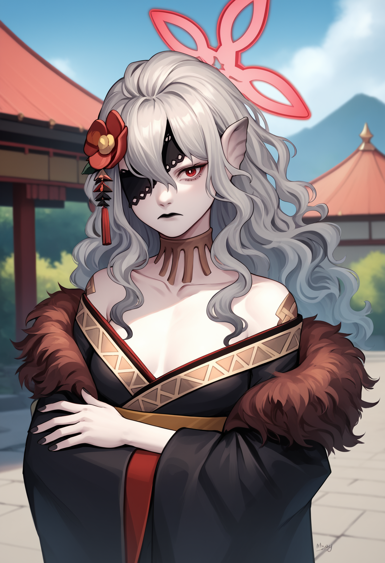 score_9_up, score_8_up, score_7_up, source_anime BREAK 1girl, solo, <lora:embla-fe-richy-v1_pdxl:1> mblny, red eyes, eyepatch, grey hair, long hair, pointy ears, halo, wavy hair, hair flower, small breasts, japanese clothes, fur-trimmed kimono, off shoulder, black nails, nail polish, black lips, detached collar, looking at viewer, closed mouth, crossed arms, standing, outdoors, new year,