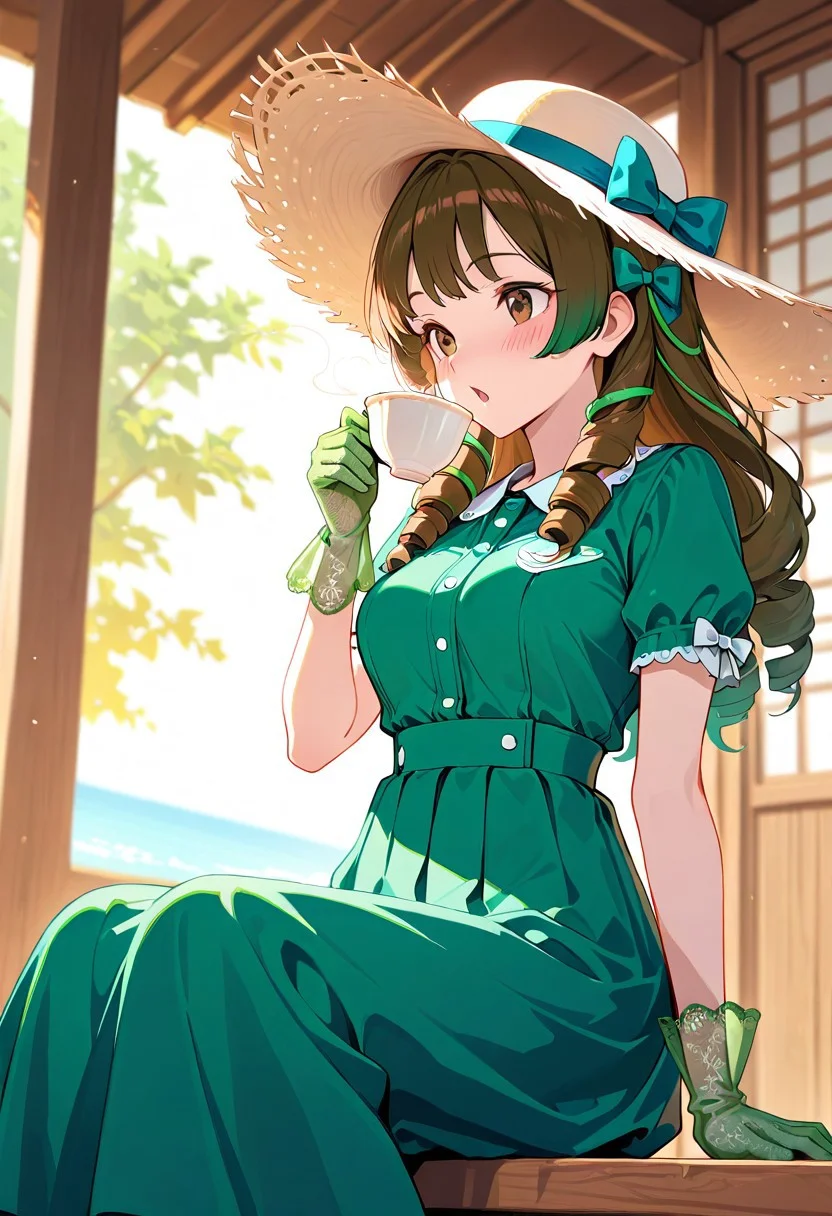 masterpiece, best quality, amazing quality, girl, brown hair, perfect brown eyes, portrait shot, long hair, ringlets hair, bangs, medium breasts, perfect eyes, 8k, highest quality, ultra details,1girl, solo,
Southern Belle, sea-green hoop skirt dress, cinched waist, short sleeves, indigo hair bow, green hair ribbons, white wide brim straw hat, medium breasts, green silk gloves, blush, happy, slightly open mouth, holding a teacup, sipping tea, hair blowing in the wind, dress blowing in the wind, sunny day, summer season, sitting, on a white wooden porch, plantation house, warm colors, warm lighting