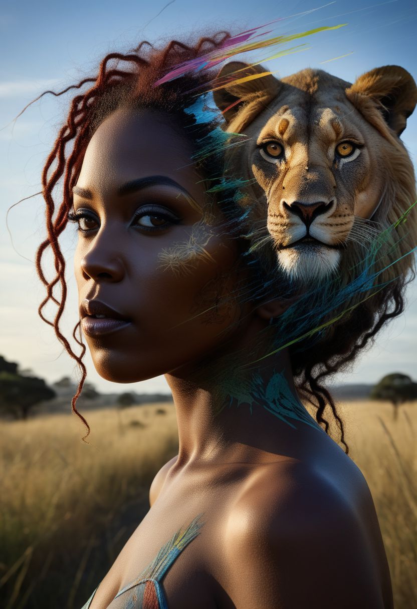mysterious silhouette of an exotic coloured woman side by side with a lion, in african savannah, goddess, alluring, by Minjae Lee, Carne Griffiths, Emily Kell, Steve McCurry, Geoffroy Thoorens, Aaron Horkey, Jordan Grimmer, Greg Rutkowski, amazing depth, double exposure, surreal, geometric patterns, intricately detailed, bokeh,  perfect balanced, deep fine borders, artistic photorealism , smooth,  great masterwork by head of prompt engineering   <lora:add-detail-xl:2>  <lora:Double_Exposure:0.5>