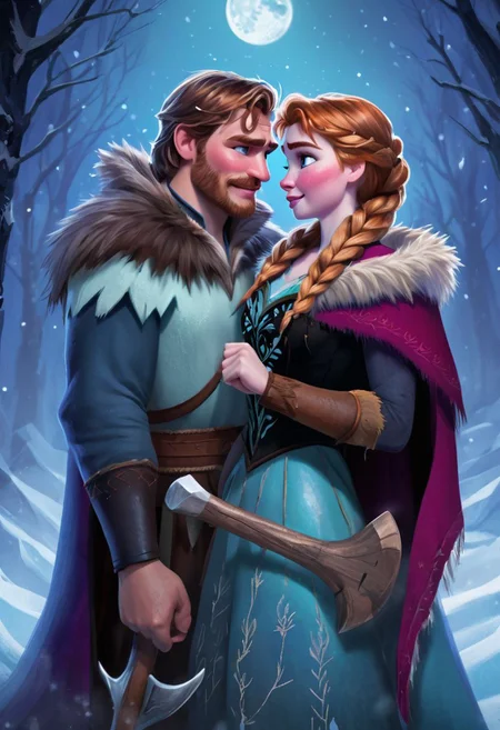 by Lois van Baarle,  1 female, anna from the movie frozen, 1 male, kristoff rom the movie frozen, couple, lovers,  axe, fur cape, garland of beads, night, moon, snow, blizzard, illustration, 2d, best quality, best facial detail