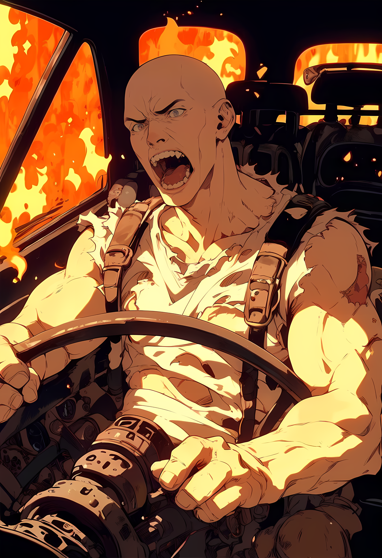 score_9, score_8_up, score_7_up, score_6_up, zy_bebbo, solo, open mouth, shirt, 1boy, male focus, teeth, english text, torn clothes, muscular, fire, ground vehicle, bald, car interior, steering wheel, <lora:zy_bebbo_v1:0.8>