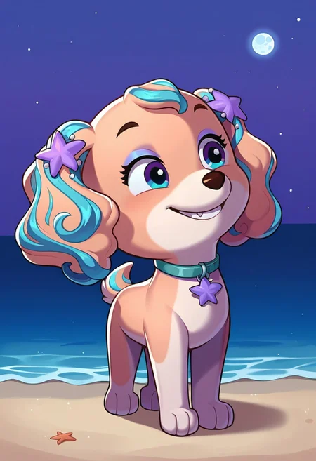 BREAK score_9, score_8_up, score_7_up, source_anime, 1girl, solo, Coral_PP, feral, dog, two-tone fur, cinnamon-white, fluffy ears, blue locks, purple stars decorations, blue eyeshadow, two-tone eyes, purple-blue, beach background, ocean, night, blue sky, moon, stars, full body, (creativity:1.4), (smile:1.4),