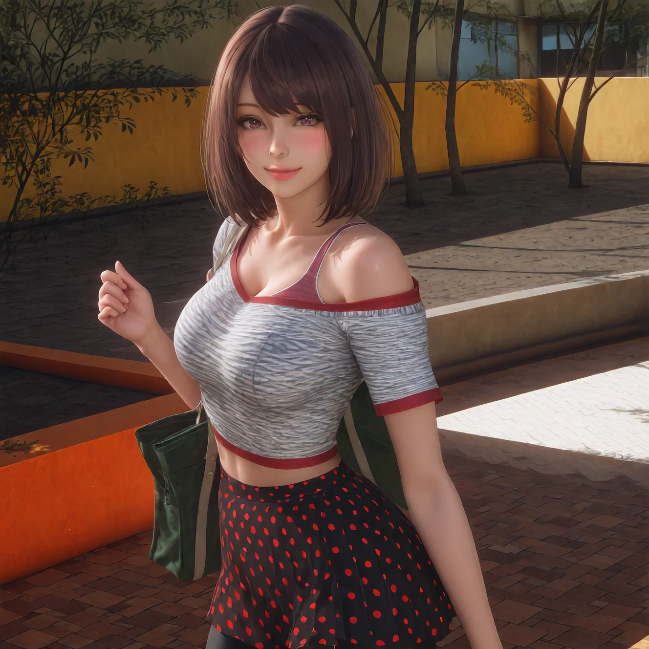 (masterpiece, best quality,realistic,from side:1.3),absurdres,(looking at viewer, collarbone,),(shiny_eyes,sparkling_eyes,smile,:1.2),
Annie01,1girl,solo,skirt,polka dot skirt,brown hair,bag,polka dot,pantyhose,midriff,shirt,lips,blush,black pantyhose,medium hair,brown eyes,street,short hair,bra strap,short sleeves,off-shoulder shirt,handbag,crop top,fashion,
cleavage,medium breasts,bouncing breasts,classroom,<lora:aidmaImageUpgrader-v0.3-IL:0.6>,<lora:Annie01(IL):0.85>,