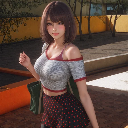 (masterpiece, best quality,realistic,from side:1.3),absurdres,(looking at viewer, collarbone,),(shiny_eyes,sparkling_eyes,smile,:1.2),
Annie01,1girl,solo,skirt,polka dot skirt,brown hair,bag,polka dot,pantyhose,midriff,shirt,lips,blush,black pantyhose,medium hair,brown eyes,street,short hair,bra strap,short sleeves,off-shoulder shirt,handbag,crop top,fashion,
cleavage,medium breasts,bouncing breasts,classroom,<lora:aidmaImageUpgrader-v0.3-IL:0.6>,<lora:Annie01(IL):0.85>,