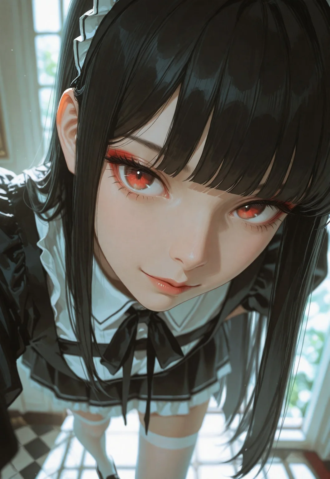masterpiece, ultra-HD, cinematic lighting, photorealistic, impressionism (1.5), high detail, depth of field, (blurred background), (dramatic lighting),masterpiece, best quality, very aesthetic,8k,masterpiece, best quality,realistic, masterpiece, best quality, 8k,
, simple_background, ,
, half close-up, sexy pose, long black hair, straight hair,blunt bangs, red eye makeup,
, asian girl, small head, pretty girl, korean girl,
((slim body)), Dynamic angle, Dynamic pose, sfw, portrait,
girl, black maid uniform, white stockings, black loafers, soft smile, in a mansion