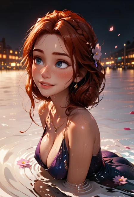 simple background:1.3, black background, dark background, shallow water all around, ripples in the water, black water, darkness behind, flower petals on water surface, 
BREAK
beautiful 18 year old girl, detailed face:1.3, freckles, cheeks flushed, elegant hair:1.3, shiny dark auburn hair, (huge) saggy breasts:1.3, looking into distance, beautifully detailed sexy dress:1.3, showing lots of skin, skimpy wet dress, cleavage, wet body, glistening skin, shiny skin, on her knees, kneeling/legs curled under, , on the surface of water, seductive expression, pleasant smile, goosebumps, detailed skin, eyes lowered, demure, shy, 
BREAK
score_9, score_8_up, score_7_up, masterpiece, best quality, official art, extremely detailed, highly detailed, 4k, high definition, photorealism, detailed shading, dynamic lighting, high contrast, ambient occlusion, vivid colors, saturated colors, 
BREAK
subject off-center, dynamic angle, close-up:1.3, 
expressive, raw lighting, overexposed, harsh flash,