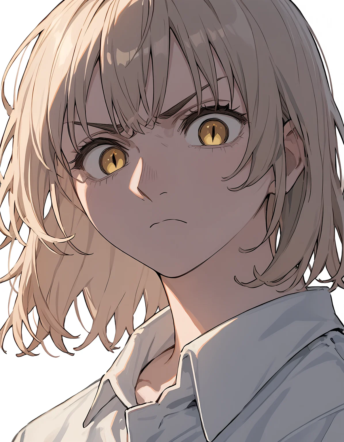<lora:Falin:1>f4lin-thorden, 1girl, portrait, looking at viewer, annoyed, collared shirt, simple white background, white shirt, close-up, frown, slit pupils