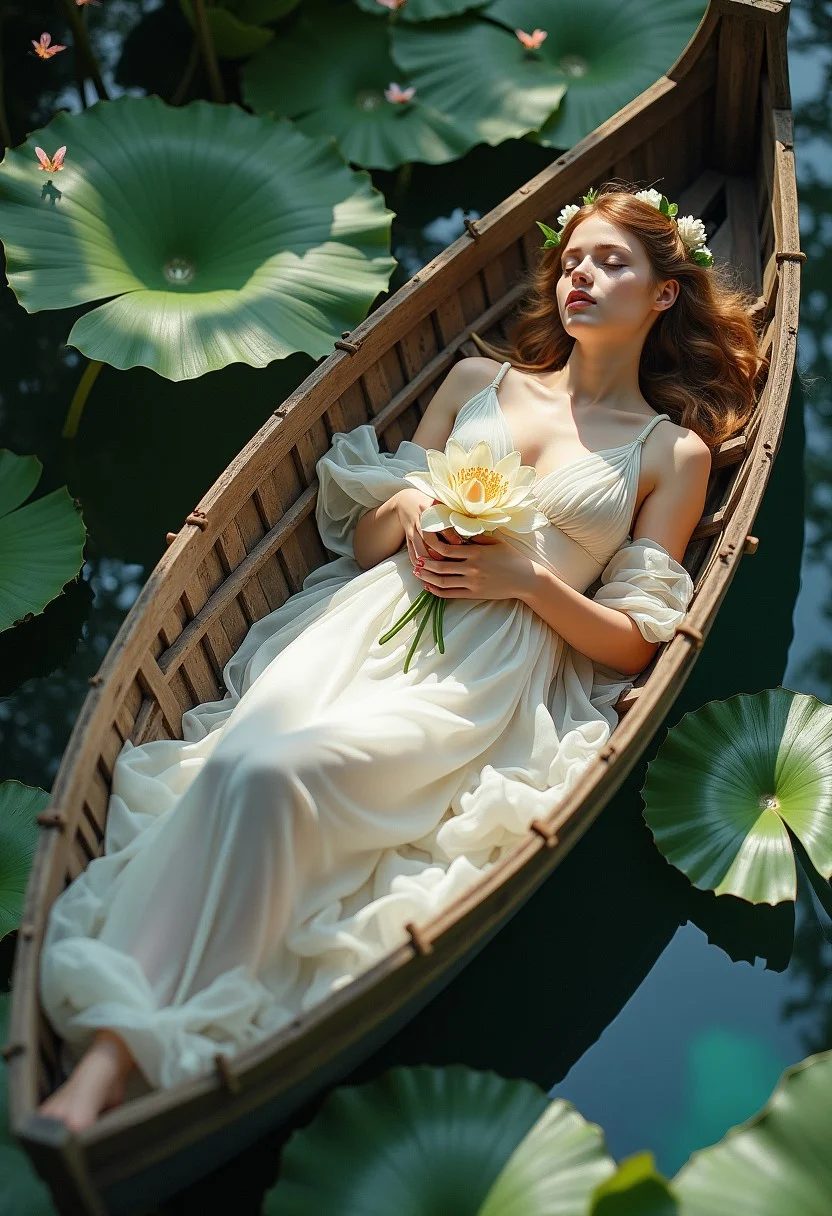 A young maiden with alabaster skin and corvus tresses adorned with ivory lilies, reclines languorously in a weathered wooden rowboat. Capture the diaphanous quality of her gossamer white gown as sunlight, filtering through the verdant canopy of lotus leaves, illuminates her with a halcyon glow. Her pose should exude an air of ethereal grace, limbs arranged in a manner suggesting both relaxation and classical elegance. Utilize a high angle shot, mimicking the perspective of a divinity gazing upon their creation. Emphasize the juxtaposition between the maiden's delicate beauty and the rustic charm of the boat, all set against a backdrop of shimmering cerulean water and vibrant lily pads. The image should evoke a sense of tranquil serenity and timeless beauty, reminiscent of classical paintings depicting nymphs and goddesses. Add butterflies with iridescent wings fluttering around her, attracted by the lotus blossoms she holds, to further enhance the scene's ethereal aura. Symbolist chiaroscuro, tenebrist, volumetric lighting, subtle halation, high-contrast, film grain, teal and orange color grading, high dynamic range, S-curve gamma