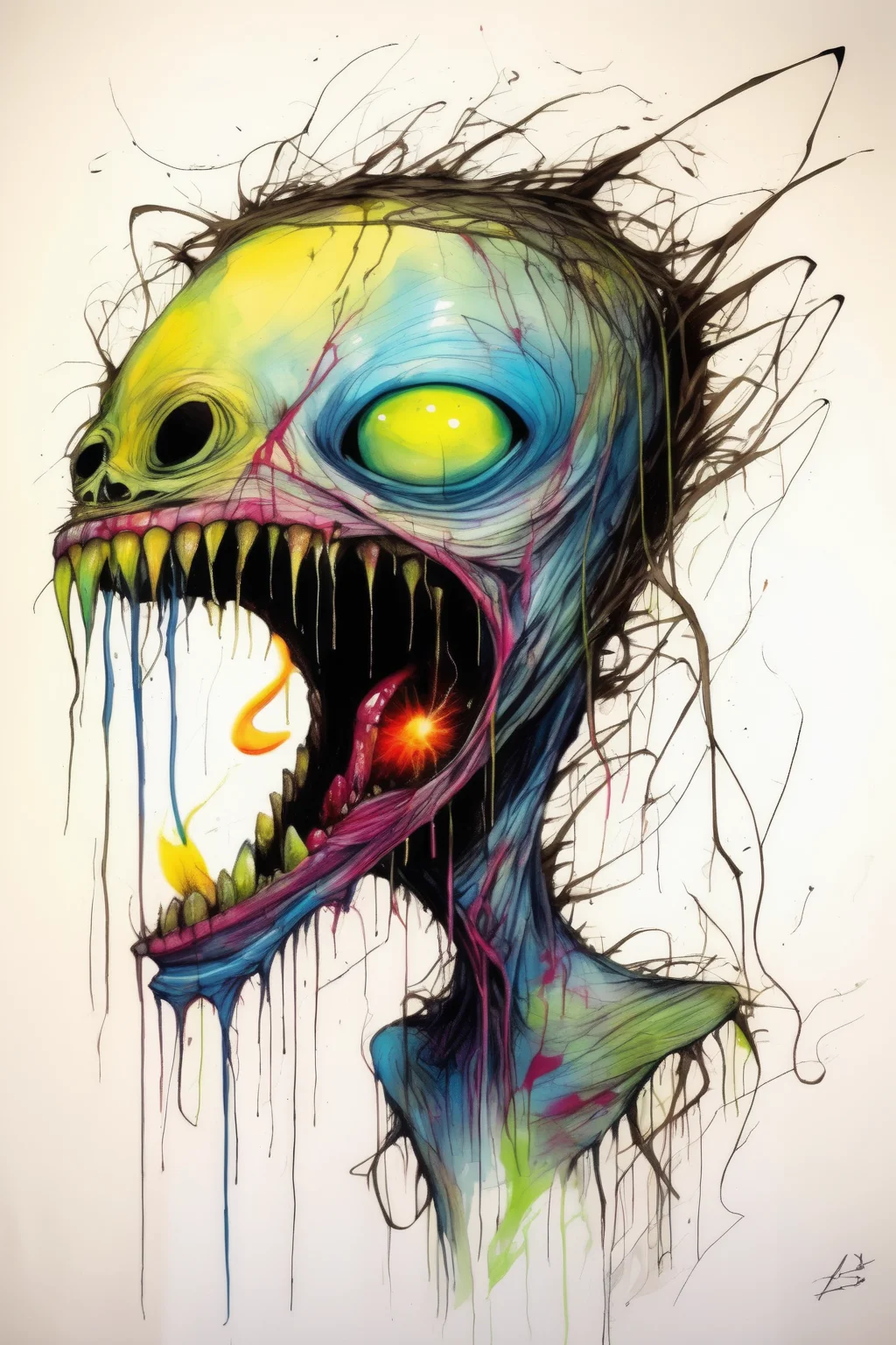<lora:Alex Pardee Style:1>Alex Pardee Style - eerie portrait of a monster looking of its shoulder while fireflies coming out of its mouth in a style of Alex Pardee and Hopare, only white background no canvas