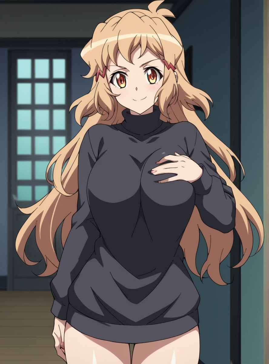 score_9, score_8_up, score_7_up, score_6_up, score_5_up, score_4_up, BREAK source_anime, masterpiece , anime screencap, anime_lineart anime coloring,  solo <lora:TachibanaHibiki-000004:0.7>tachibana hibiki (symphogear),,long hair, hugebreast,seductive smile, very long hair, turtleneck, turtleneck sweater, thick thighs, black sweater, hairclip,