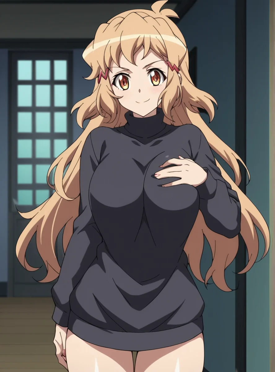 score_9, score_8_up, score_7_up, score_6_up, score_5_up, score_4_up, BREAK source_anime, masterpiece , anime screencap, anime_lineart anime coloring, solo <lora:TachibanaHibiki-000004:0.7>tachibana hibiki (symphogear),,long hair, hugebreast,seductive smile, very long hair, turtleneck, turtleneck sweater, thick thighs, black sweater, hairclip,