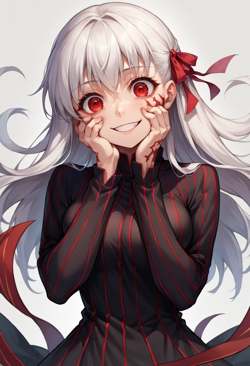 score_9, score_8_up, source_anime, DarkSakura, white hair, red eyes, long hair, hair ribbon, vertical-striped dress, black dress, red stripes, long sleeves, body markings, evil smile, wide eyes, head tilt, hands on own cheeks, <lora:ChamSakuraMatouPonyXL:1>