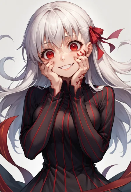 score_9, score_8_up, source_anime, DarkSakura, white hair, red eyes, long hair, hair ribbon, vertical-striped dress, black dress, red stripes, long sleeves, body markings, evil smile, wide eyes, head tilt, hands on own cheeks, <lora:ChamSakuraMatouPonyXL:1>