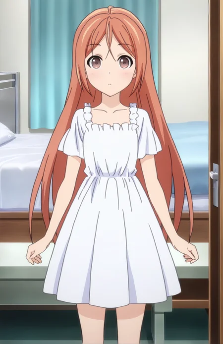 AiharaEnju, 1girl, solo, long hair, orange hair, brown eyes, collarbone, white dress, frills, short sleeves, looking at viewer, standing, bedroom