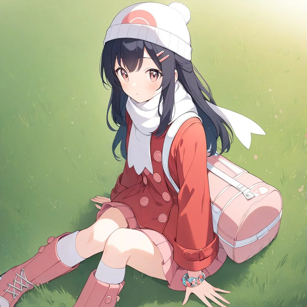 1girl,Sitting on the grassy ground,dawn(pokemon) ,black long hair,pink hairclip,white beanie,white scarf, four pink buttons on red winter coat,pink miniskirt in coat,white kneehighs, pink boots, white duffel bag,bracelet