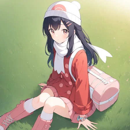 1girl,Sitting on the grassy ground,dawn(pokemon) ,black long hair,pink hairclip,white beanie,white scarf, four pink buttons on red winter coat,pink miniskirt in coat,white kneehighs, pink boots, white duffel bag,bracelet