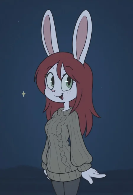 masterpiece,best quality,amazing quality, very aesthetic,
rabbit girl,furry,red hair,white rabbit ear,solo,add detailed eyes,green eyes,dressed, black roll-up sweater,happy,long hair,
late night,RetroXL,,toon \(style\), flat color, black eyes,