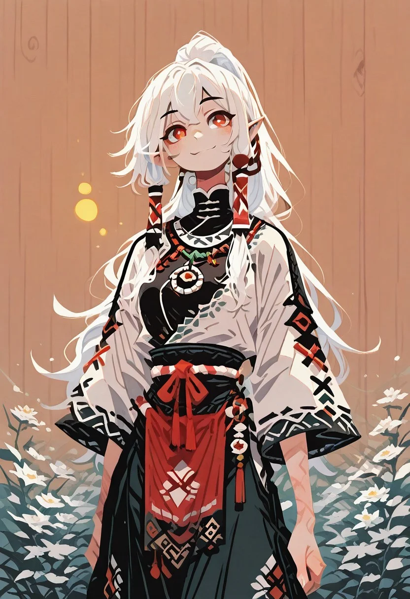 masterpiece, best quality, very aesthetic, absurdres, baro_style, 1girl, solo, long hair, white hair, ponytail, pointy ears, hair tube, light smile,