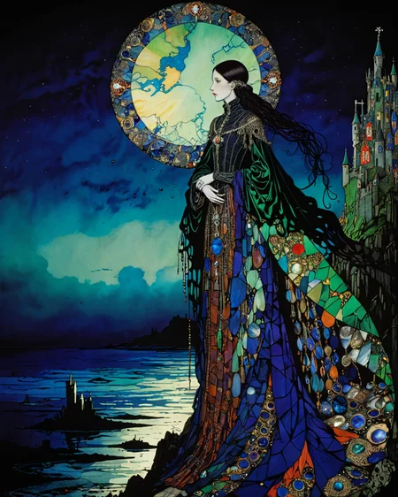 (Sheelba of the Eyeless Face:1.1), full body, sky, ocean, castle, (Harry Clarke:1.9), volumetric lighting, intense colors, abalone, mother of pearl, <lora:add-detail-xl:0.75> <lora:xl_more_art-full_v1:0.5>