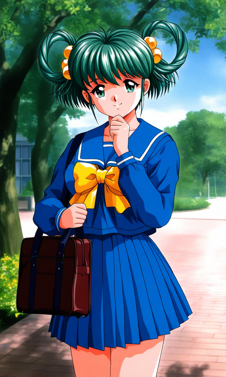 general,highres, ultra-detailed,very aesthetic,best quality ,best hands, BREAK <lora:Tatebayashi_Miharu_Tokimeki_Memorial_IS:1>
Tatebayashi_Miharu(Tokimeki_Memorial), 1girl, solo, hair rings, hair ornament, Yellow bobbles, green hair, bangs, short hair, green eyes, medium breasts, 
school uniform, blue serafuku, blue skirt, Yellow bow, sailor collar, blue sailor collar, smile, long sleeves, pleated skirt, hand on own chin, outdoor, tree, sky,
School bag, hold,