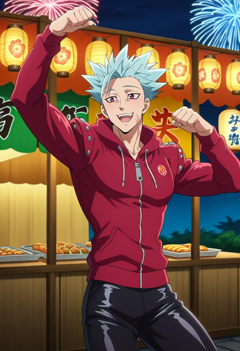 masterpiece, best quality, , anime screencap, anime coloring, official style, , 1boy, solo, male focus, <lora:ban_nanatsu_no_taizai_ilxl:0.98>, ban_nanatsu_no_taizai, blue hair, red eyes, spiked hair, scar, leather jacket, red jacket, leather pants, festival, paper lantern, food stall, decoration, fireworks, dancing, night, excited expression, yukata, Sweatpants, Polo hoodie, , ,