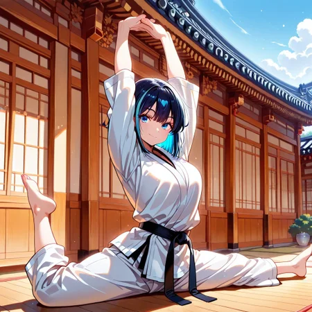 masterpiece,best quality,amazing quality,armsupsplit, arms up, 1girl, solo, barefoot,multicolored hair, blue eyes, smile, looking at viewer,dougi, black belt, belt, east asian architecture,
