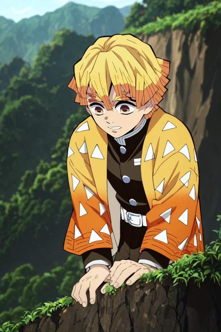 score_9, score_8_up, score_7_up, score_6_up, score_5_up, score_4_up, BREAK source_anime, anime screencap, , , , , depth of field, 1boy, solo, male focus, <lora:zenitsu_agatsuma_pony:0.86>, zenitsu_agatsuma, , demon slayer uniform, , cliff, , <lora:sdxl_lightning_8step_lora:1>