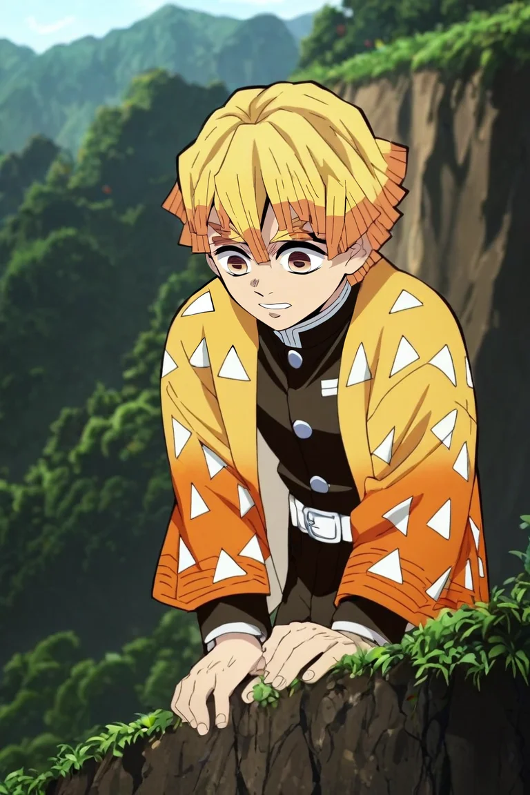 score_9, score_8_up, score_7_up, score_6_up, score_5_up, score_4_up, BREAK source_anime, anime screencap, , , , , depth of field, 1boy, solo, male focus, <lora:zenitsu_agatsuma_pony:0.86>, zenitsu_agatsuma, , demon slayer uniform, , cliff, , <lora:sdxl_lightning_8step_lora:1>