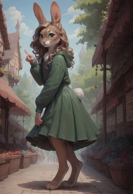 safe_pos, score_9, score_8_up, score_8,
tall cute thin girl, (furry:1.1), adult, 21 year old, tall, 1girl, solo, realistic fur, female bunny, bunny, light brown hair, long hair, curly hair, green eyes, details down to every fluff, bunny ears, (close up:1.4)
chest tuft, light brown ears, body fur, light brown ears, white tail, holding out one hand, market stall, shopping at market, (side view:1.2) green clothing, green skirt, green summer jacket, summer clothes, grinning, standing, walking, walking away from viewer, green feminine clothes, medieval town, forest, morning, beautiful sky, flat chest, happy, very detailed face, dynamic angle, teasing, light behind, gorgeous, female furry, animal legs, realistic shadows, cute face with interesting details, two legs, two feet, looking at viewer, crouching, pointing at stall,
