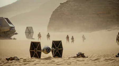 cinematic film still of <lora:star wars style:0.2>
<lora:detailed:0.4> detailed
<lora:perfection style:0.4> perfect
<lora:PerfectEyesXL:0.5>
<lora:Chiaroscuro Lighting Style:0.3>
<lora:Jakku:0.9>
Jakku a star wars tie fighter is fallen down on a desert ground,in star wars style,outdoors,blurry,depth of field,scenery,sand,ruins,desert,dust, shallow depth of field, vignette, highly detailed, high budget, bokeh, cinemascope, moody, epic, gorgeous, film grain, grainy