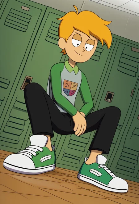 nocunoct, male focus, 1boy, solo, Twig, modelling, Dutch angle, leaning against lockers, locker room, pretty boy, on foot on floor, sneakers,